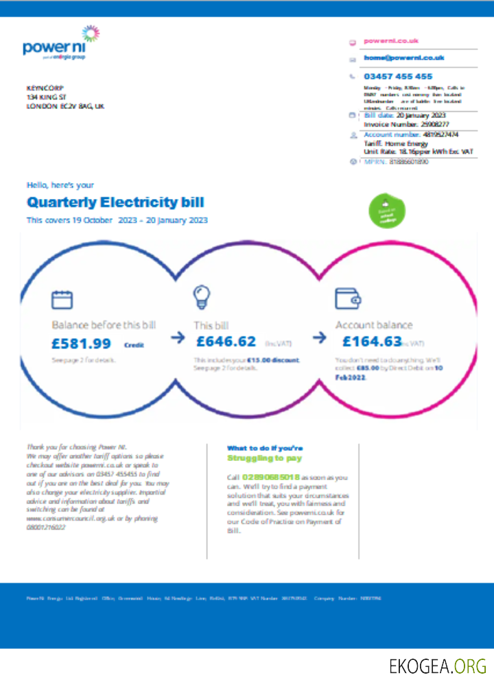 Facture commerciale du service public Power NI, SCR